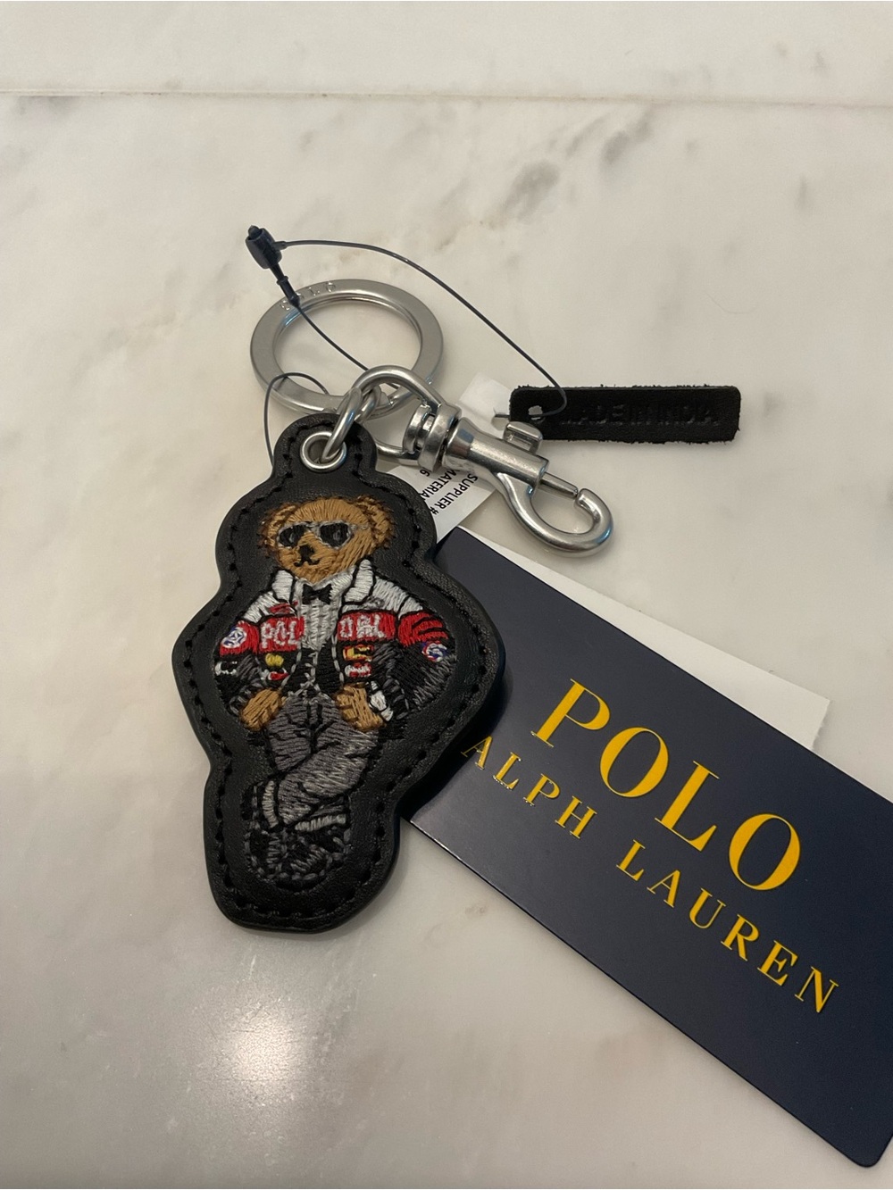 NEW Polo Ralph Lauren TUXEDO RACING JACKET BEAR LEATHER Key Ring Keychain BLACK